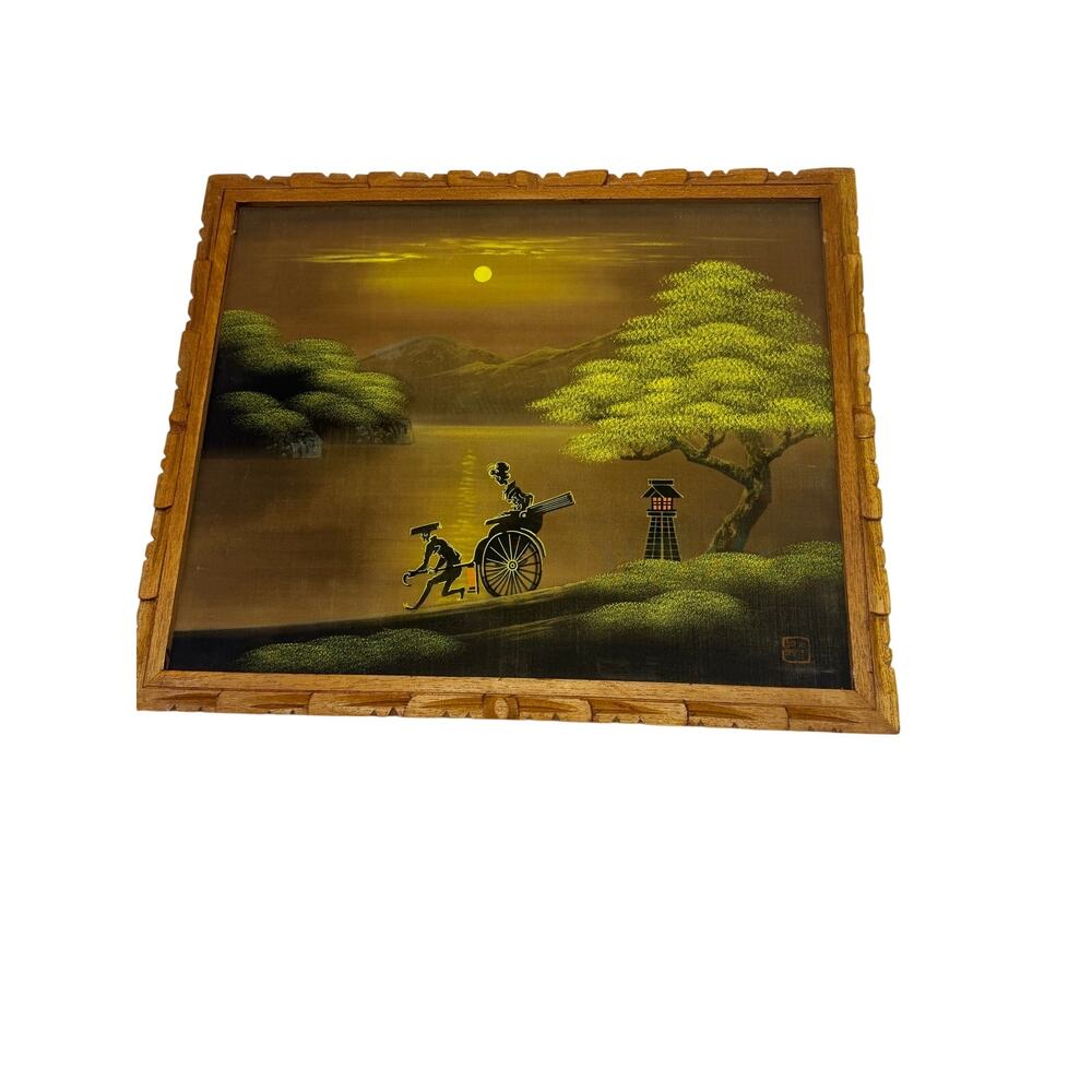 Satin/Cloth Painting mountain moonlight lantern Painting Signed 18" X 15" - Picture 2 of 8